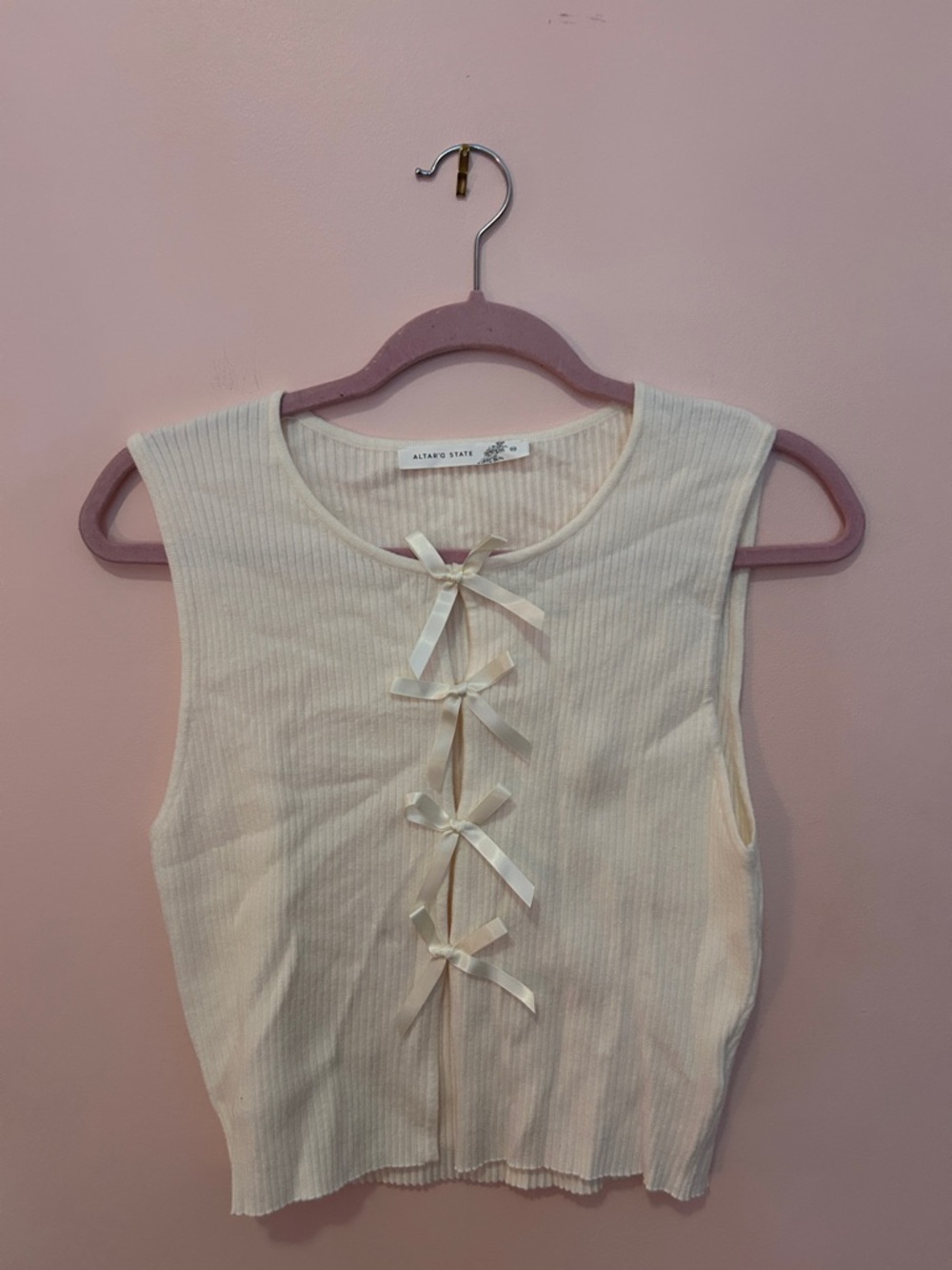 Altar'd State Cream Ribbed Tank with Front Bow Ties